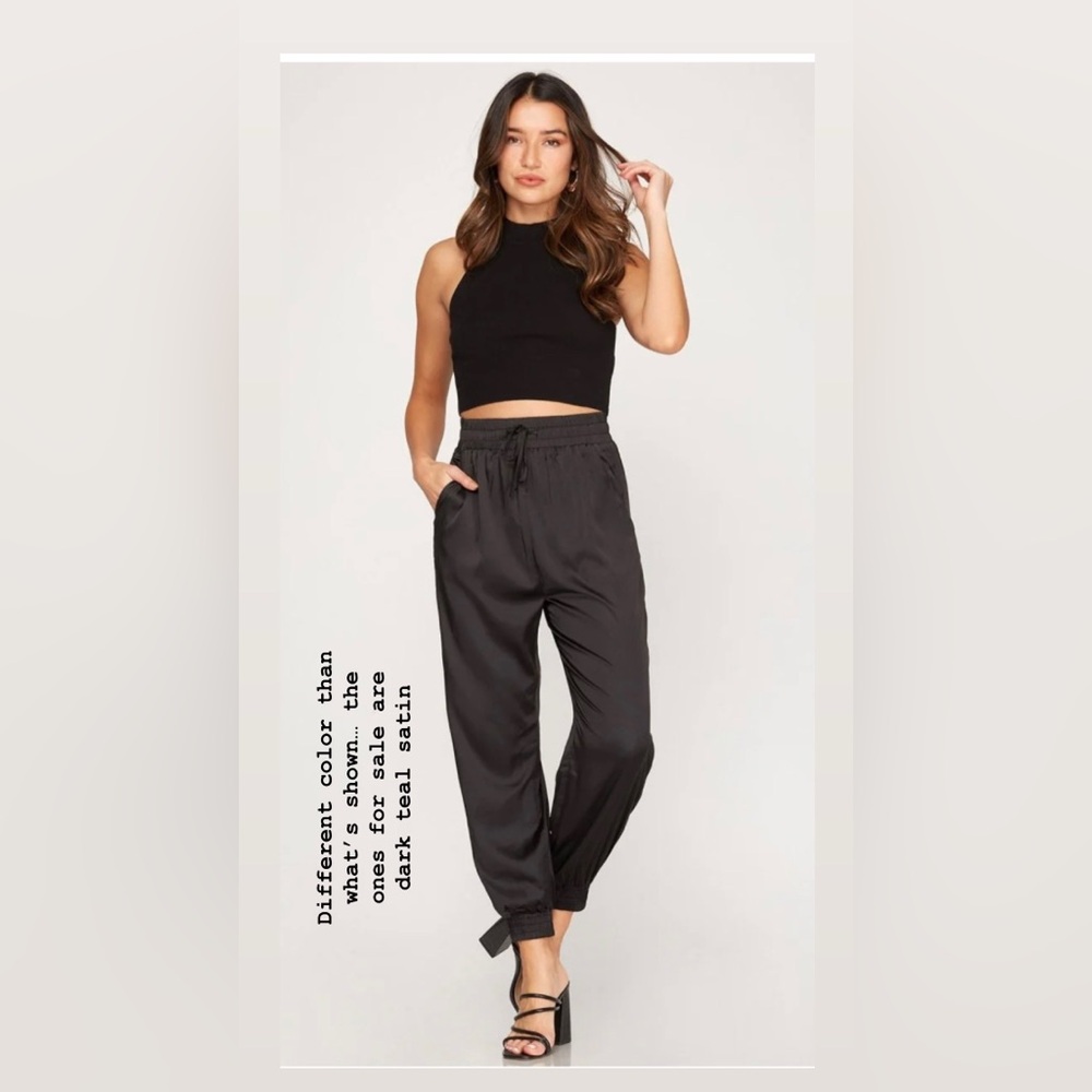 She + Sky Dark Teal Satin Pants